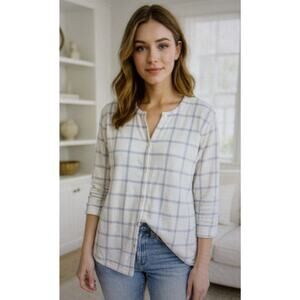 CJ Banks womens 2x cottagecore cozy blue white plaid Cardigan Sweater XXL cabin